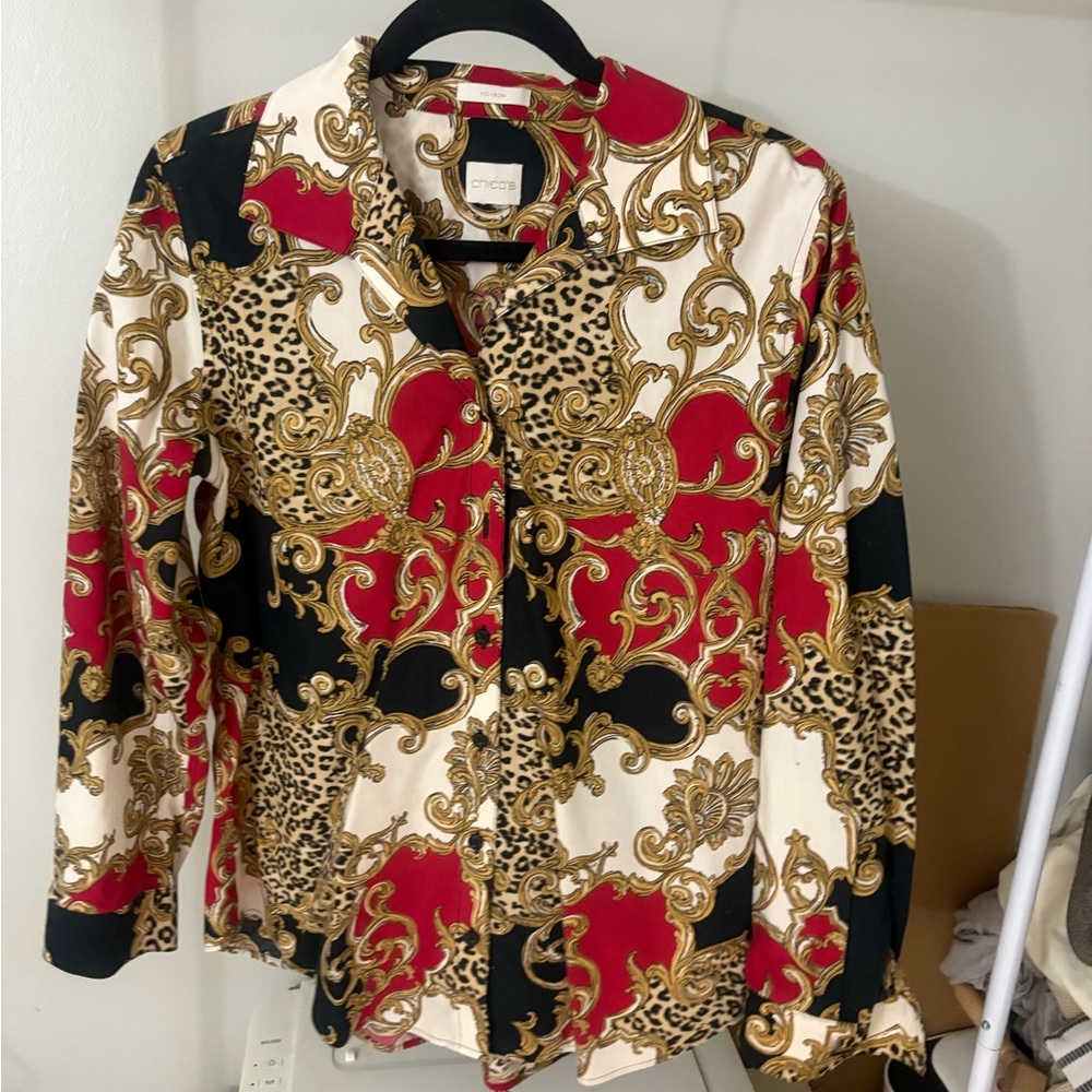 Chico's Red and Gold Patterned Blouse